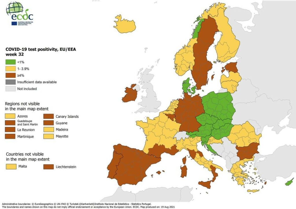 Ο χάρτης του Ευρωπαϊκού Κέντρου Πρόληψης και Ελέγχου Νόσων (ECDC) που παρουσιάστηκε σήμερα, Πέμπτη, 19 Αυγούστου.