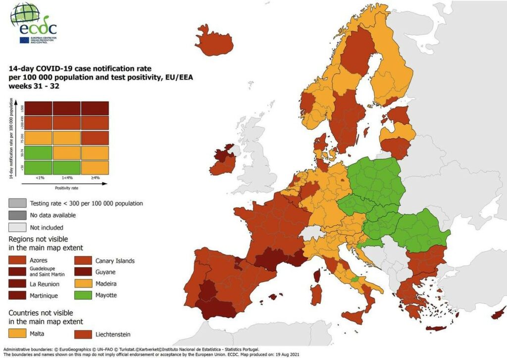 Ο χάρτης του Ευρωπαϊκού Κέντρου Πρόληψης και Ελέγχου Νόσων (ECDC) που παρουσιάστηκε σήμερα, Πέμπτη, 19 Αυγούστου.
