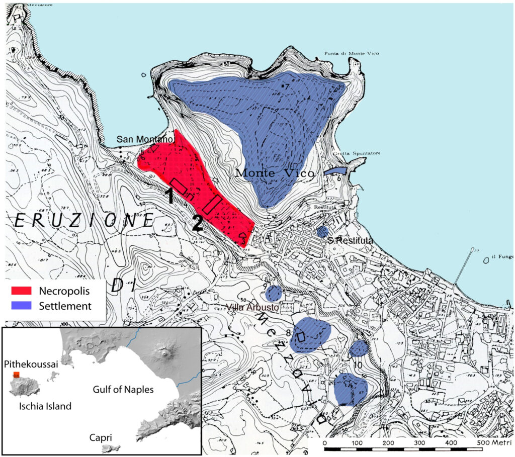 Χάρτης όπου εμφανίζονται οι τοποθεσίες του οικισμού και της Νεκρόπολης των Πιθηκουσών