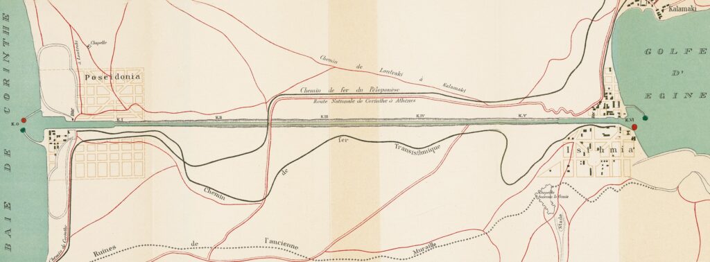 Χάρτης 2 Γενικό σχέδιο περιοχής Ισθμού με τις υπό κατασκευή σιδηροδρομικές γραμμές. Πηγή Π. Τσάκωνα, «Ισθμός Κορίνθου».