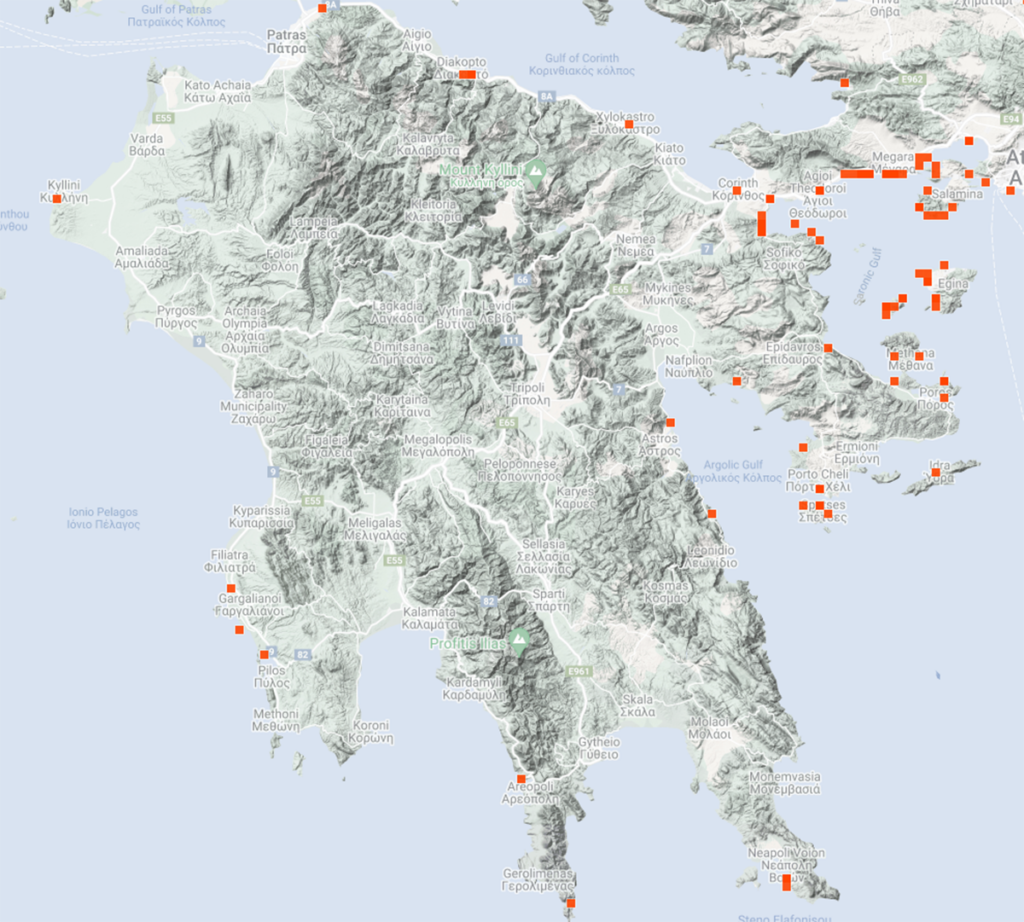 Χάρτης τσούχτρες Πελοπόννησος