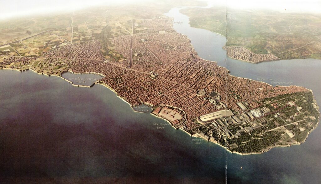 Γραφιστική αναπαράσταση της Κωνσταντινούπολης με τη θέση των λιμανιών