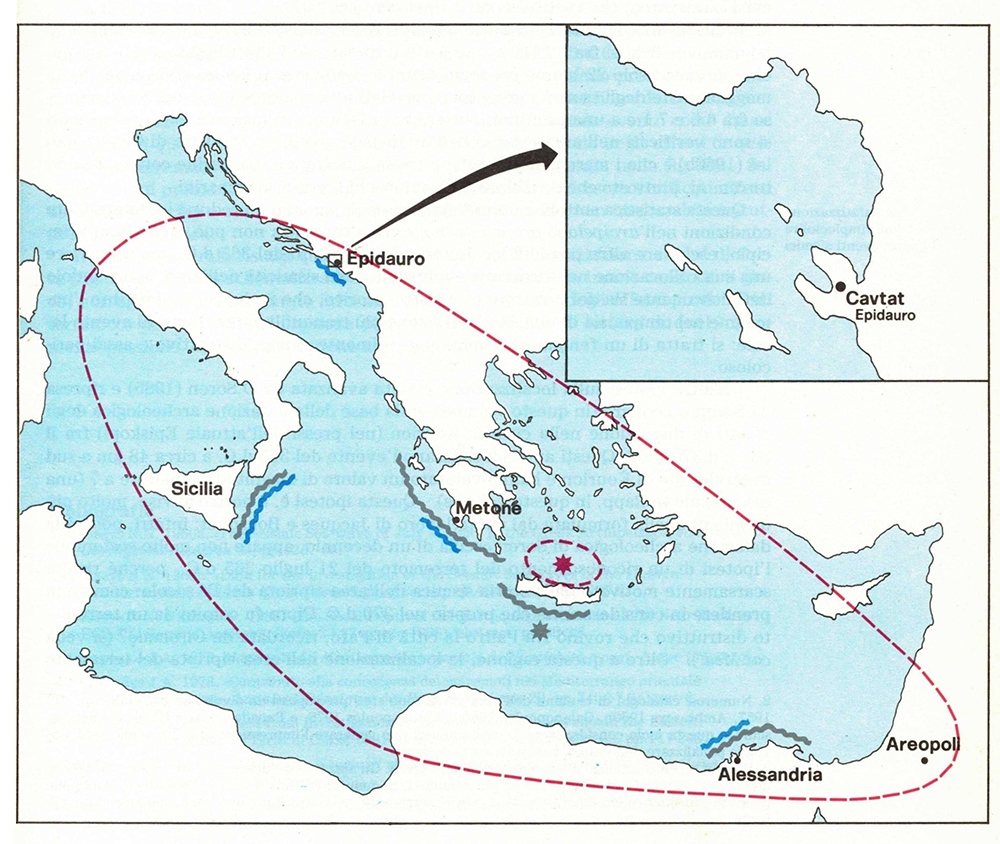 Εικ.3 Πληγείσες περιοχές από σεισμό και τσουνάμι (21.07.365μ.Χ.) Πηγή Εθνικό Ινστιτούτο Γεωφυσικής Ρώμης