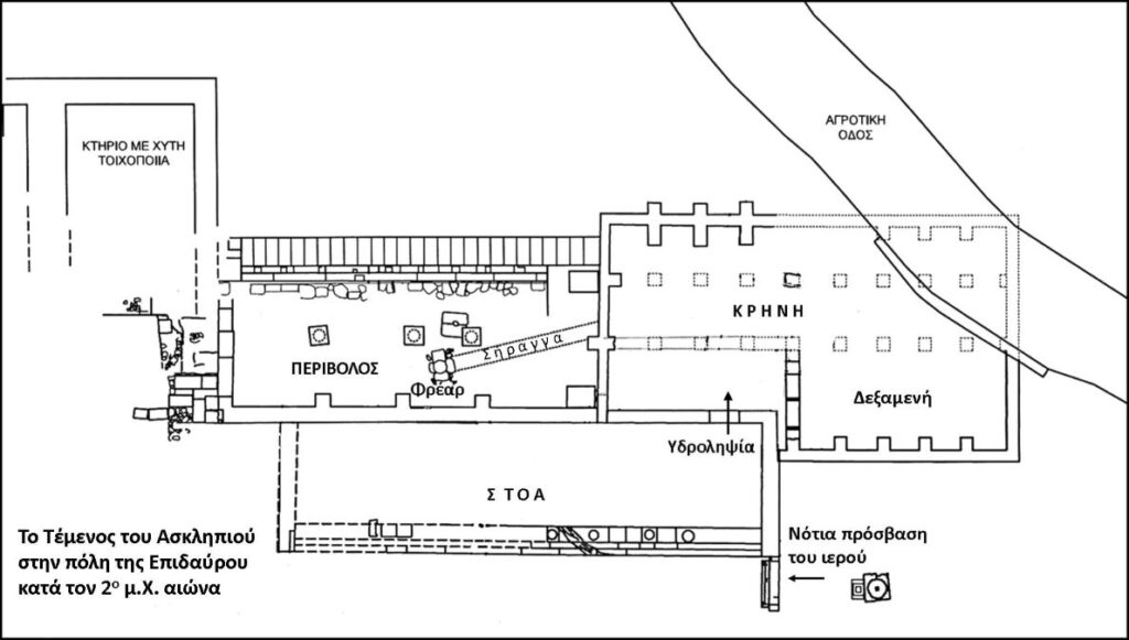 Κάτοψη των εγκαταστάσεων του Τεμένους του Ασκληπιού, στην πόλη της Επιδαύρου