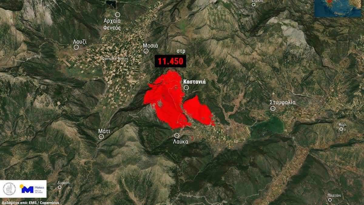 Δορυφορική εικόνα αποκαλύπτει την καταστροφή από τη φωτιά στον Φενεό Κορινθίας – Πάνω από 11.000 στρέμματα καμένα
