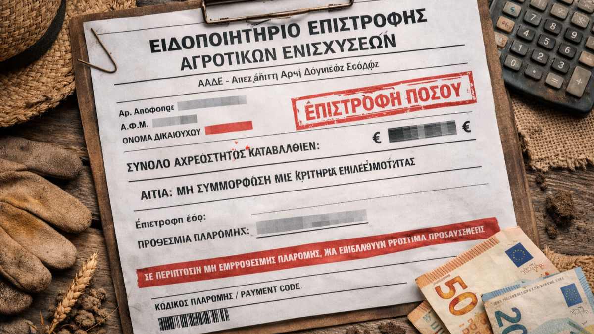 Στη Βουλή τα ειδοποιητήρια επιστροφής αγροτικών ενισχύσεων